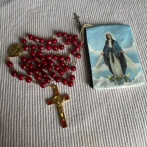 Our Lady of Grace Red Marbled beads golden locket  enamel St Benedict crucifix